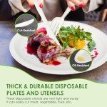 FEHHTO 400PCS Compostable Paper Plates Set, Disposable Eco-friendly Dinnerware Set, Biodegradable Heavy-Duty Paper Plates, Utensils, Cups and Straws for Party Camping 50 (White)