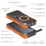Saraupup Solar Charger Power Bank 49800mAh Wireless Portable Phone Charger, 22.5W QC3.0 Fast Charging Built in 4 Cables with USB C 6 Outputs & 2 Inputs for Cell Phone Orange