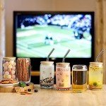 [ 12pcs Set ] Glass Cups with Bamboo Lids and Glass Straw - Beer Shaped Drinking Glasses, 16 oz Iced Coffee Glasses, Cute Tumbler Cup for Smoothie, Boba Tea, Whiskey, Water - 4 Cleaning Brushes