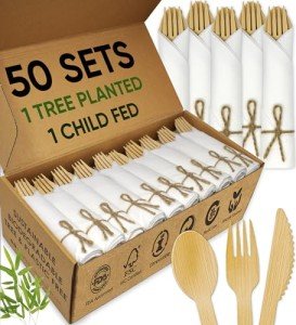 EcoPreps Premium Pre-Rolled Napkin and Bamboo Cutlery Set (50 Pack, 200 PCS) 100% Biodegradable, Eco-Friendly, Disposable Wrapped Cutlery - Includes Pre-Wrapped Bamboo Forks, Knives, Spoons, & Napkins