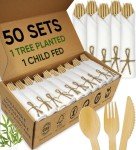 EcoPreps Premium Pre-Rolled Napkin and Bamboo Cutlery Set (50 Pack, 200 PCS) 100% Biodegradable, Eco-Friendly, Disposable Wrapped Cutlery - Includes Pre-Wrapped Bamboo Forks, Knives, Spoons, & Napkins