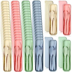 Jinei 50 Sets Wheat Straw Utensils Reusable Travel Utensils Set with Case Portable Spoon Knife Forks Dinnerware Eco Friendly Cutlery for Kids Adults Camping Utensils (Green, Beige, Pink, Blue)