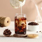 [ 12pcs Set ] Glass Cups with Bamboo Lids and Glass Straw - Beer Shaped Drinking Glasses, 16 oz Iced Coffee Glasses, Cute Tumbler Cup for Smoothie, Boba Tea, Whiskey, Water - 4 Cleaning Brushes