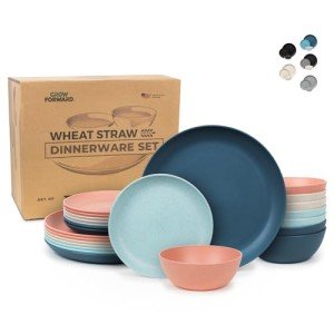 Grow Forward 24-piece Premium Wheat Straw Dinnerware Sets for 8 - Dinner Plates, Dessert Plates, Cereal Bowls - Unbreakable Microwave Safe Plastic Plates and Bowls Sets, RV, Camping Dishes - Tropical