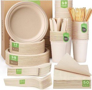 Gezond 400pcs Compostable Paper Plates Set Eco-friendly Heavy-duty Disposable Paper Plates Cutlery Includes Biodegradable Plates, Forks, Knives, Spoons, Cups and Straws for Wedding Party