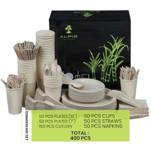 ALPIO 400 Piece Compostable Dinnerware Set for 50 Guests, Biodegradable Paper Plates Set, Eco-Friendly Disposable Plates & Utensils include Paper Plates, Forks Knives Spoons Straws Napkins for Party
