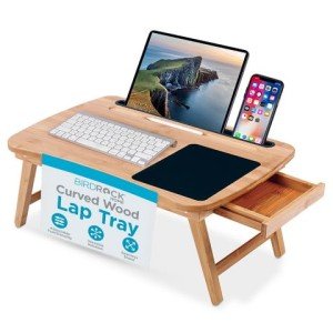 BIRDROCK HOME Curved Wood Lap Tray with Foldout Legs, Storage Drawer, Mouse Pad, Fits Laptops Up to 17", Tablet and Phone Slot, Laptop Table for Sitting or Standing, Work from Home - Natural