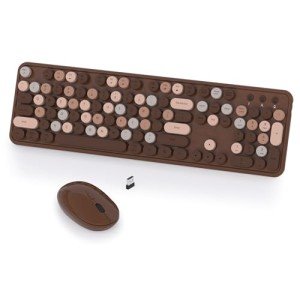 Colorful Wireless Keyboard and Mouse Combo, COVEVA 2.4GHz Wireless Retro Cute Round Keycaps Keyboard, 104 Keys Full-Sized Keyboard Mouse Set with Switch Button for PC Laptop Desktop (Brown Colorful)