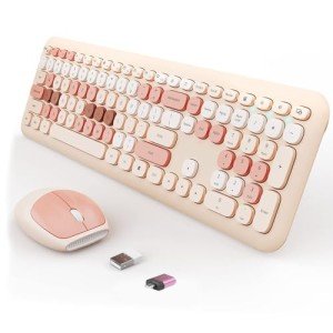 Wireless Keyboard and Mouse Combo, Colorful Ergonomic Full Size Retro Low-Noise Keyboard with Cute keycaps, Compatible with Windows, PC, Perfer for Home and Office Keyboards (Brown)