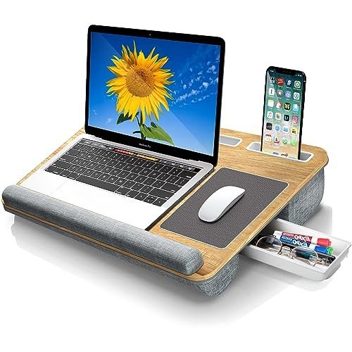 Gimars Home Office Lap Desk Fits up to 17 Inches Laptop with Dual Cushion,Wrist Rest, Built-in Mouse Pad, Tablet Phone Holder and Storage Drawer, Light Brown