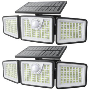 daphino Solar Lights Outdoor 2500LM Motion Sensor Outdoor Lights,3 Head 355° Wide Angle Street Area Lights, Waterproof Security Lights with 3 Modes(Black,Non-Remote-2 Pcs)