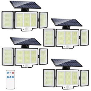 YOYONACY Solar Outdoor Lights, 2500LM 348 LED Motion Sensor Outdoor Lights with Remote, 3 Heads Solar Powered Flood Lights, IP65 Waterproof Security Detection Lights for Outside (4 Pack)