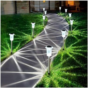 Gorrzai Solar Pathway Lights 10 Pack Solar Outdoor Lights, Led Waterproof Solar Powered Yard Walkway Lighting Stainless Steel Garden Stake for Path, Landscape, Lawn, Driveway, Backyard(Cold White)