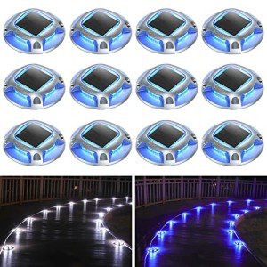 AGPTEK Solar Driveway Lights Outdoor 12 Pack, Solar Deck Lights 2 Color Modes Dock Lights Waterproof Driveway Markers Step Lights for Sidewalk Stair Garden Pathway Walkway Yard(Blue Light/Cool White)