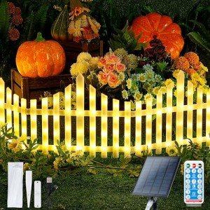 Hopolon 4 Pack Solar Garden Fence Lights Outdoor,11.1in (H) X 4.6ft (L) 144 Led Lighted White Picket Fence Border Solar Powered with Remote,Decorative Fence Christmas Lights for Tree Yard Pet Barrier