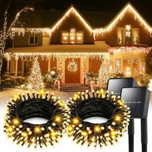 Solar String Lights for Outside, 2 Pack 100 Led Solar Christmas Lights Outdoor Waterproof 100ft Solar Fairy Lights 8 Lighting Mode Solar String Lights Idea for Garden,Courtyards,Trees(Warm White)