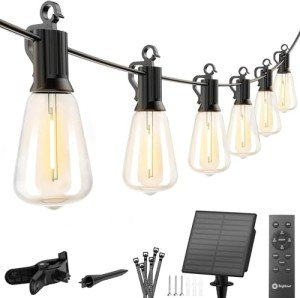 Brightown Outdoor Solar String Lights Waterproof 58FT with 25 Shatterproof ST38 LED Bulbs, 2700K Solar String Lights with Remote, Solar String Lights for Outside, Camping, Yard, Party Decor