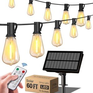 Stright 60FT Solar String Lights Outdoor Weatherproof with Remote, Solar Powered LED Edison Bulb 15 Sockets Outdoor String Lights for Outside Patio Backyard Fence Halloween Christmas Decorations