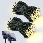 2-Pack 200 LED Solar String Lights for Outside, Solar Christmas Lights Outdoor Waterproof, Green Wire Solar Tree Lights with 8 Lighting Modes for Xmas Wedding Party Garden Decorations (Warm White)