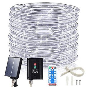 ICRGB 66FT 200LED Solar Rope Lights, Outdoor Waterproof Solar Christmas Lights with Remote, IP67 Outdoor Solar String Lights, Timing & 8 Modes, Garden Christmas Decorative for Tree Porch Pool, White