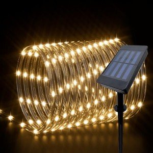 IJG Christmas Solar Rope Lights Outdoor Waterproof,66FT 200 LED 8 Modes and Timer Clear Tube Trampoline Lights, Solar and Battery Operate Double Function for Outside(Warm White)