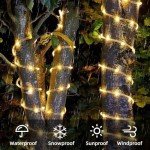 IJG Christmas Solar Rope Lights Outdoor Waterproof,66FT 200 LED 8 Modes and Timer Clear Tube Trampoline Lights, Solar and Battery Operate Double Function for Outside(Warm White)