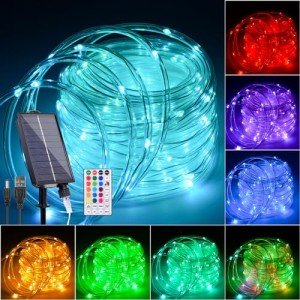 Nazuwke 33FT Solar Rope Lights Outdoor Waterproof, 18 Colors Changing Fairy String Light USB & Solar Powered with Remote, 100 LEDs Multicolor Trampoline Light Rope Lighting for Outside Christmas Party