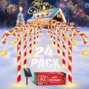 Christmas Decorations Outdoor Holiday Decor: 24 Pack Solar Christmas Candy Cane Lights Outdoor Waterproof, 144 LED Christmas Pathway Lights, 8 Flashing Modes Solar Lights for Outside Yard Xmas Decor