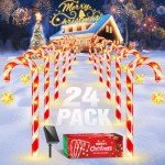 Christmas Decorations Outdoor Holiday Decor: 24 Pack Solar Christmas Candy Cane Lights Outdoor Waterproof, 144 LED Christmas Pathway Lights, 8 Flashing Modes Solar Lights for Outside Yard Xmas Decor