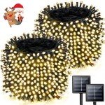 Super-Long 2-Pack Each 85FT Solar String Lights Outdoor, 480 LED Extra-Bright Solar Christmas Lights Outdoor, Waterproof Green Wire 8 Modes Solar Lights for Outside Garden Decorations (Warm White)