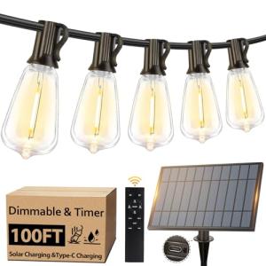 Solar Outdoor String Lights Waterproof, 100FT Solar Powered String Lights for Outside with 52 Shatterproof Bulbs, Dimmable ST38 LED Lights String, Patio Hanging Lights for Backyard Garden Party