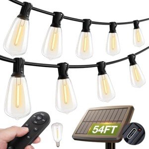 addlon 54(48+6) FT Solar String Lights Waterproof,Patio Lights Solar Powered with Remote & USB Port 15+1 LED Shatterproof Bulbs 3 Light Modes, Dimmable Solar Lights for Camping Backyard Garden
