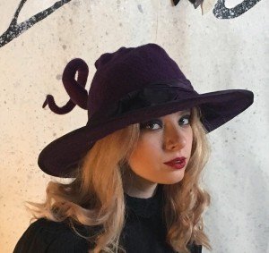 Dark Purple Witch or Wizard Hat with Curly Point - Hand Felted Merino Wool