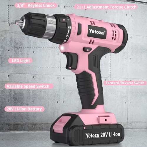 Compact Cordless Drill Set, 20V Lithium, LED Work Light, Pink