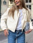 Megfie Womens Cropped Bomber Jacket Button Down Varsity Jackets Shackets With Pockets, Beige, Medium