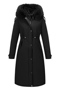 RISISSIDA Puffer Jacket Women Quilted Long Puffy Coat with Faux Fur Hood 2022 Winter Fall Fashion, Parka Thermal Fleece Lined Warm Bubble Waterproof Heavy Overcoat Black 7614 M