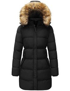WenVen Women's Winter Puffy Puffer Coats Parka Jacket with Fur Hood (Black, M)