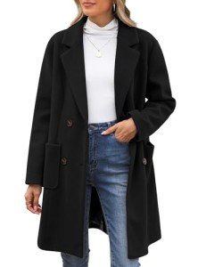 Xukk Women Double Breasted Pea Coat Winter Wool Blend Trench Overcoat Elegant Notched Lapel Collar Jacket Long Thick Outcoat(Black,M)