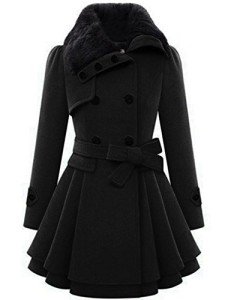 Zeagoo Women's Fashion Faux Fur Lapel Double-Breasted Thick Wool Trench Coat Winter Warm Jacket S-2XL, Black, Medium