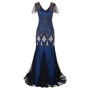 1920s Gatsby Flapper Evening Dress - Blue, Medium