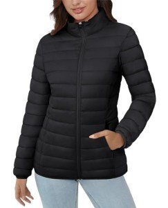 MAGCOMSEN Packable Jackets Women Quilted Puffer Coat Casual Stand-Collar Winter Warm Outerwear, Black L