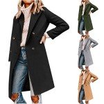 Astreeas Pea Coats for Women Double Breasted Mid Length Wool Coats Casual Lapel Collar Overcoat Winter Long Trench Coats, 01 Khaki, Medium