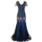 1920s Gatsby Flapper Evening Dress - Blue, Medium