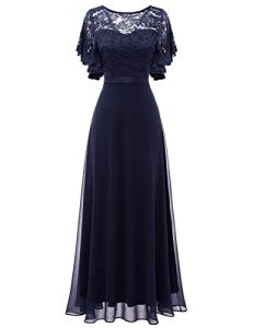 Elegant Navy V-Back Lace Evening Dress for Women