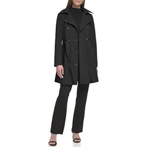 Calvin Klein Women's Double Breasted Belted Rain Jacket with Removable Hood, Deep Black, Small
