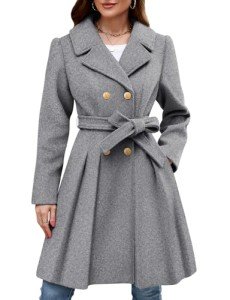 Women's Double Breasted Pea Coat Winter Warm Wool Blend Notch Collar Elegant Mid-Length Thicken Jacket with Pockets（S-XXL)