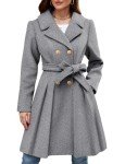 Women's Double Breasted Pea Coat Winter Warm Wool Blend Notch Collar Elegant Mid-Length Thicken Jacket with Pockets（S-XXL)