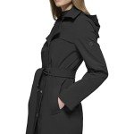 Calvin Klein Women's Double Breasted Belted Rain Jacket with Removable Hood, Deep Black, Small