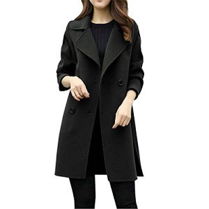 Wool Coats for Women Plus Size Winter Trendy Jacket Double Breasted Medium Length Outwear Solid Color Overcoat (CA/US, Alpha, XX-Large, Regular, Regular, Black)