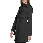 Calvin Klein Women's Double Breasted Belted Rain Jacket with Removable Hood, Deep Black, Small